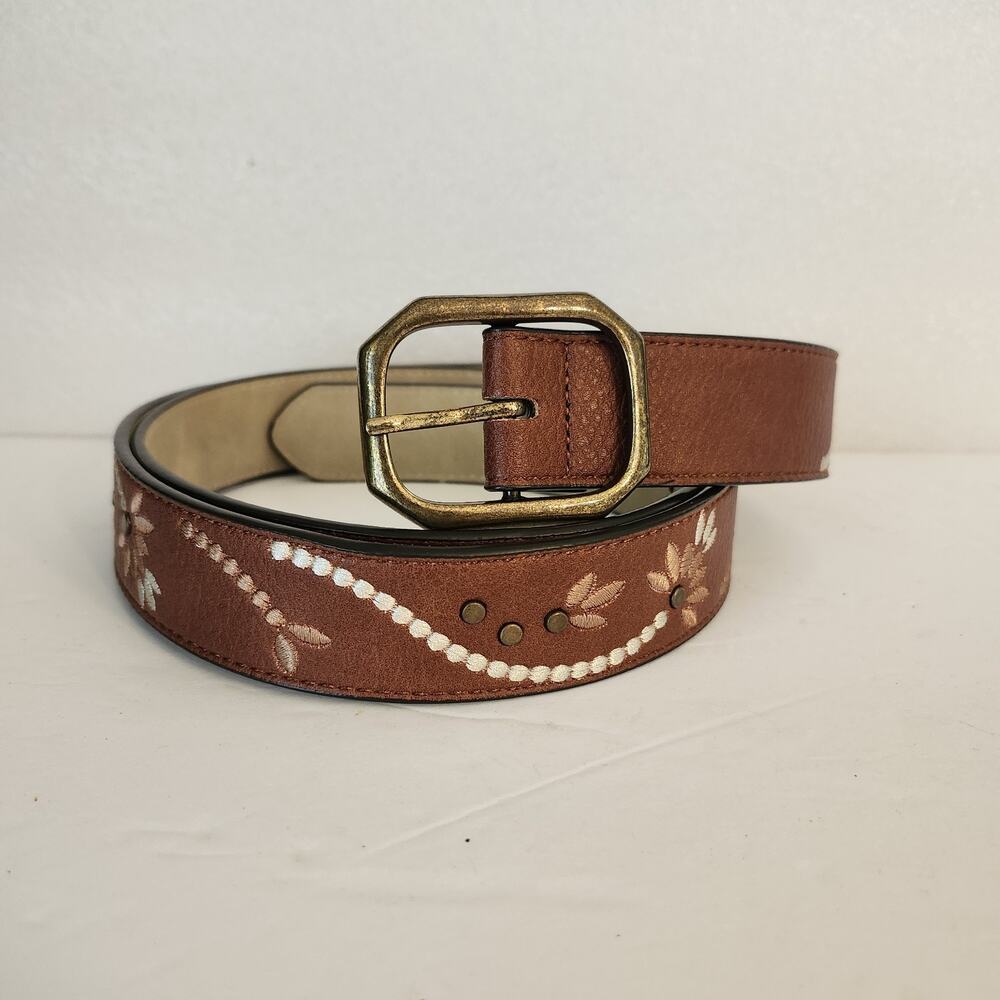 Boho Floral Embroidered Belt 3XL Brown Faux Leather Stud Cowgirlchic Cottagecore